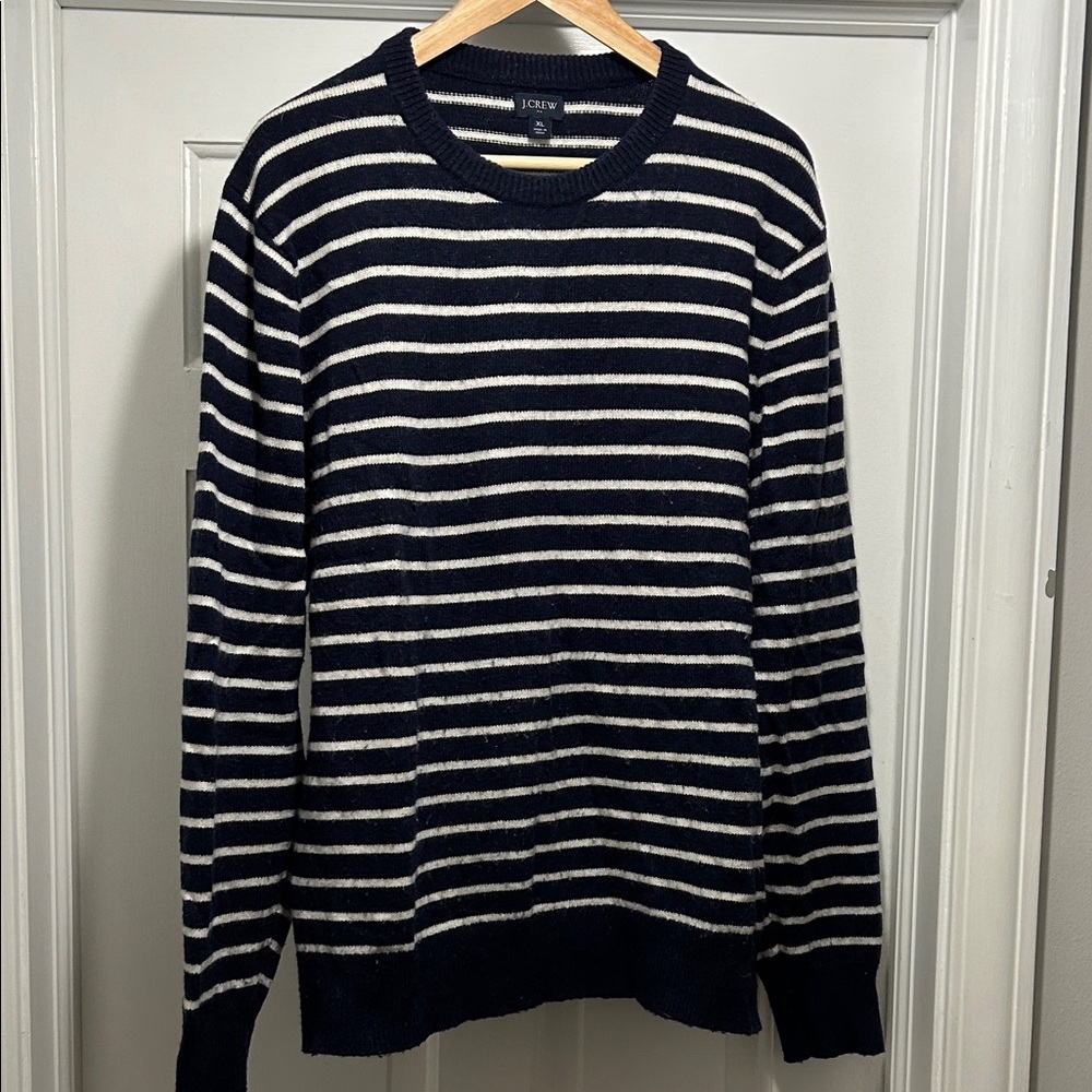 J. Crew Navy and White Striped Crewneck Wool Blend Sweater